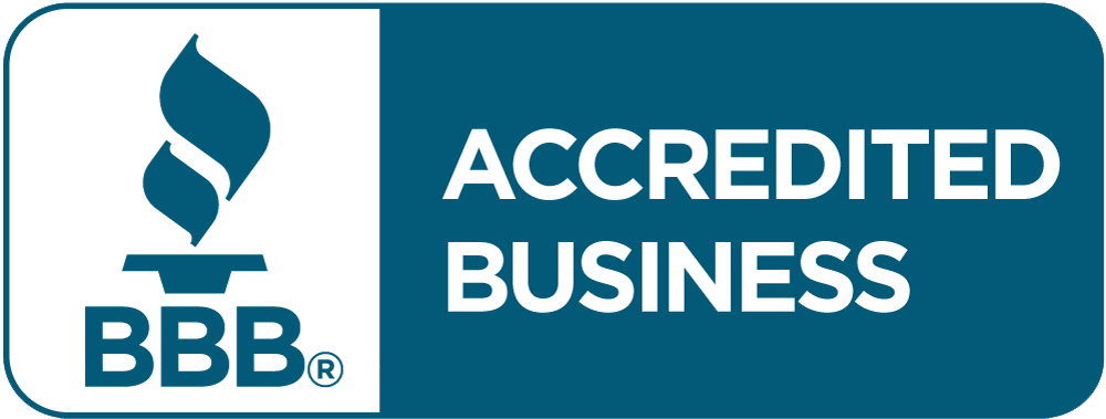 BETTER BUSINESS BUREAU logo with blue flame is above it with "ACCREDITED BUSINESS" in white lettering on a blue background next to it.