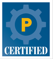 A yellow "P" is in the center of a light blue gear on a darker blue background. "CERTIFIED" is written in white lettering below the gear.