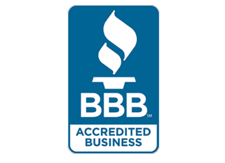 BETTER BUSINESS BUREAU logo says "BBB Accredited Business" on a blue background with a white flame.