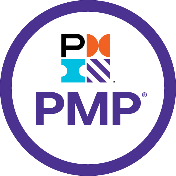 PMP logo is in a white circle with a dark purple border.
