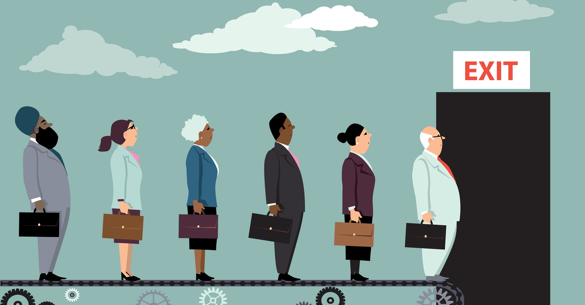 Graphic of diverse group of business people holding briefcases standing on a conveyer belt headed toward a door with an "EXIT" sign.