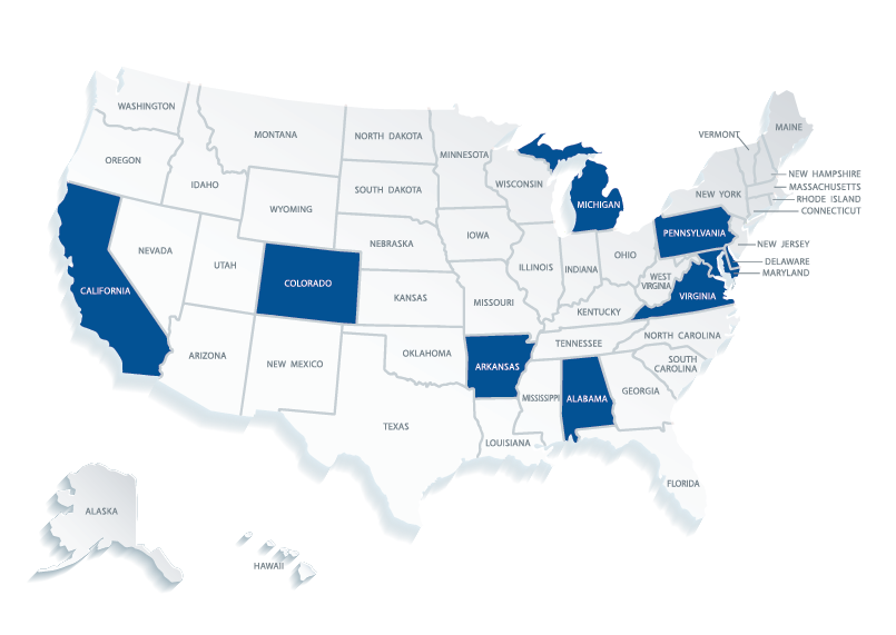 A map of the United States, with the states that Gentry Professional Services serves colored in blue: Alabama, Arkansas, California, Colorado, Michigan, Pennsylvania, and Virginia.