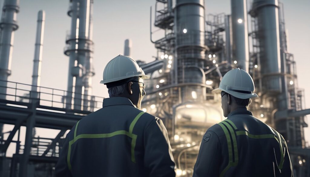 Engineers standing in front of oil and gas sector plant industrial oil refineries.